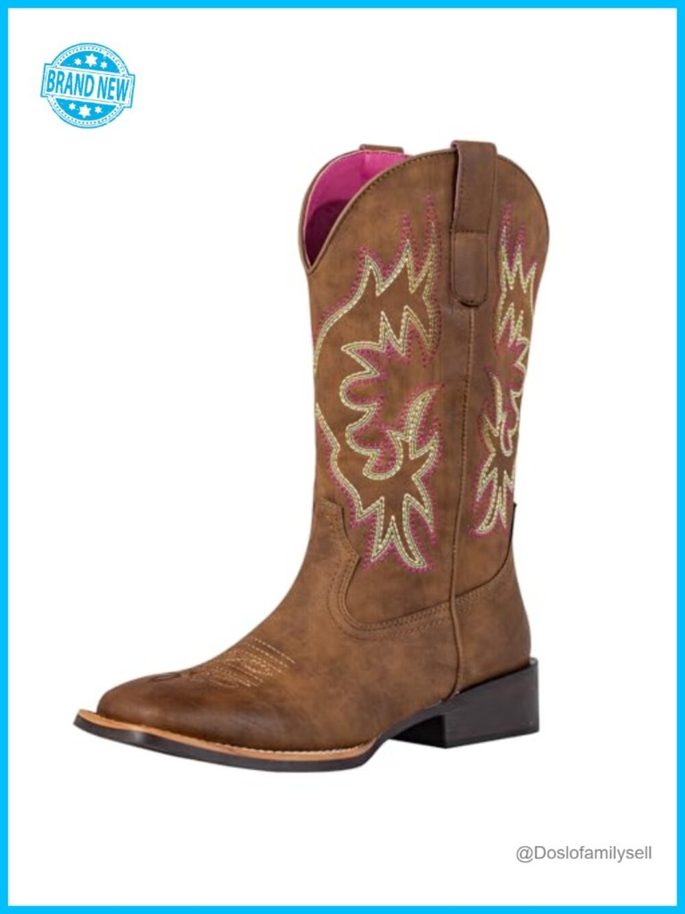 Wide Calf Cowboy Boots Square Toe Embroidered Western Chunky Heel Mid Calf Faux